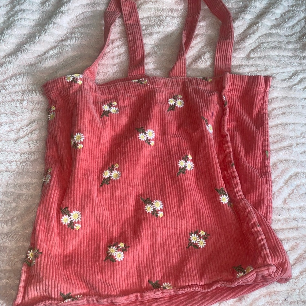 Pink Floral Corduroy Tote Bag